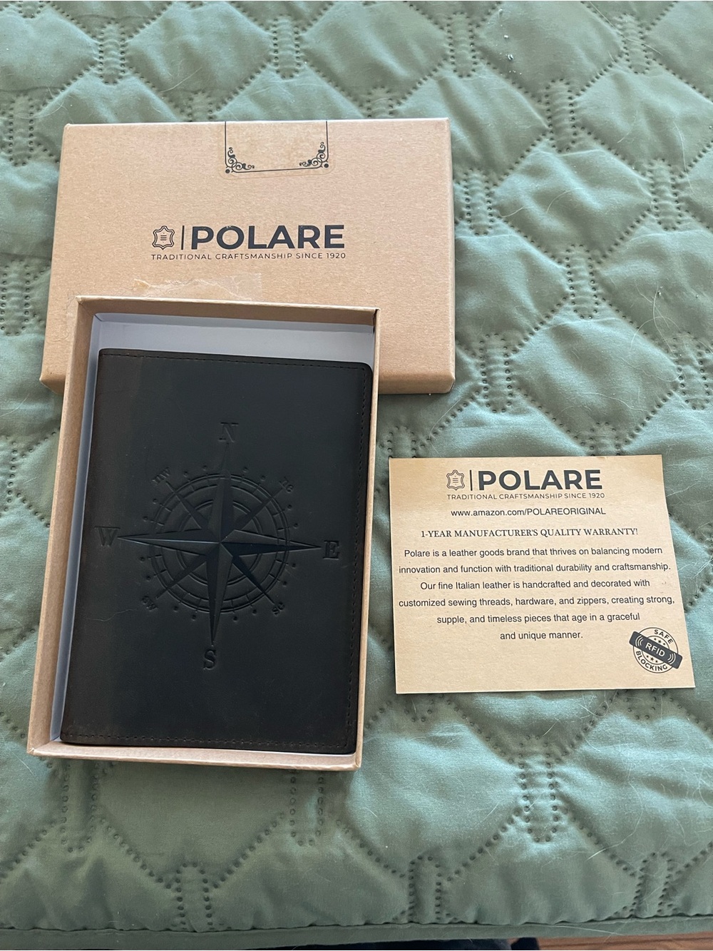 POLARE Embossed Compass Leather Passport Wallet - Black